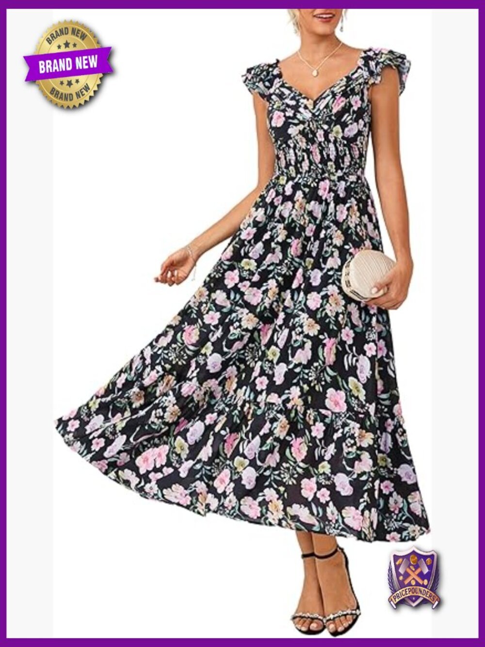 Women's Floral Maxi Dress with Ruffle Sleeves Pockets